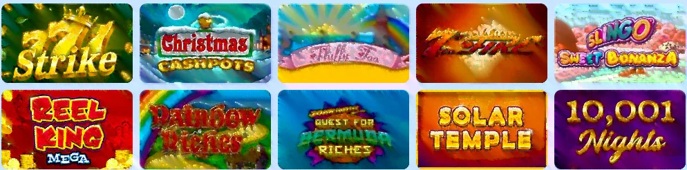 Dear Bingo slot catalogue featuring games such as Strike, Christmas Carolers, Reel King Mega, Rainbow Riches and Solar Temple